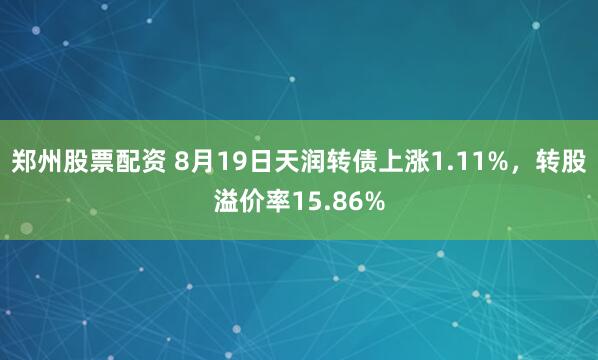 郑州股票配资 8月19日天润转债上涨1.11%，转股溢价率15.86%