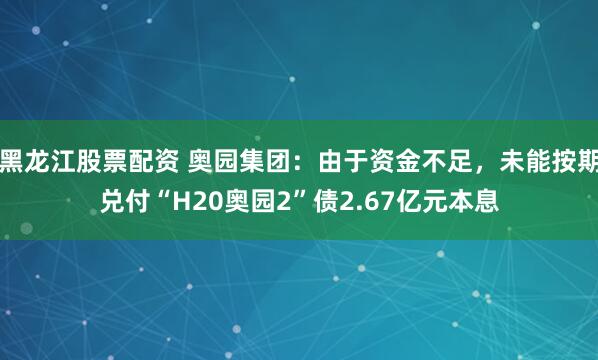 黑龙江股票配资 奥园集团:由于资金不足,未能按期兑付“H20奥园2”债2.67亿元本息